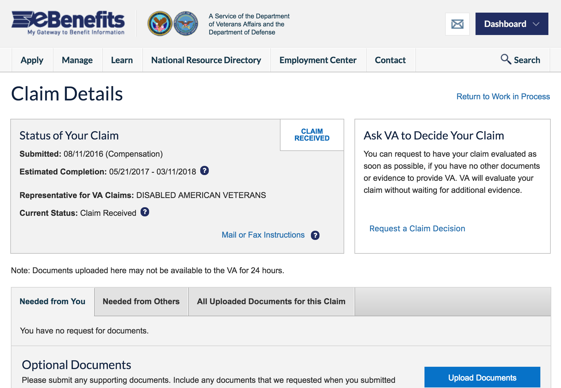 Before: eBenefits claim status