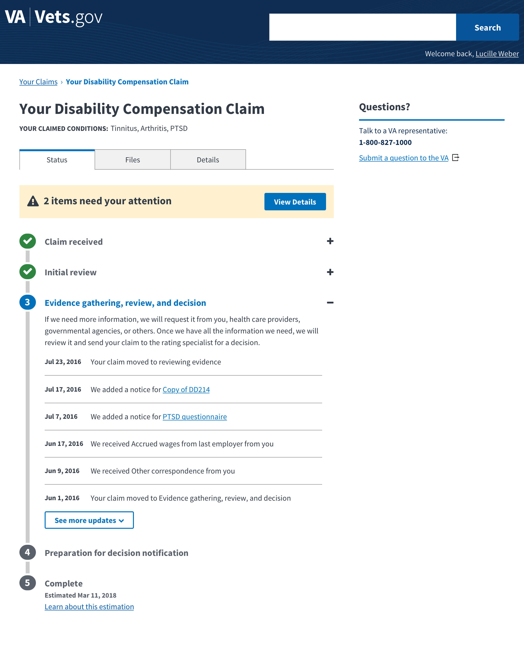 After: Vets.gov claim status (desktop)